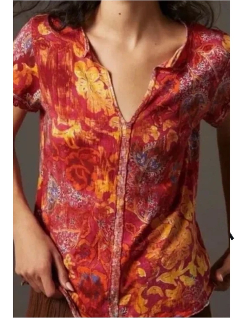 Anthropologie Pilcro Medium Split Neck Orange Printed Short Sleeve Tee Top